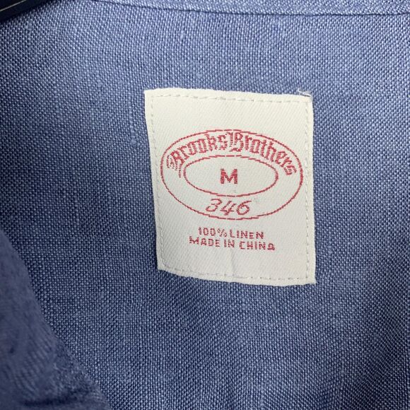 Brooks Brothers 346 Shirt Mens Medium Blue Linen Short Sleeve Button Pocket - Picture 5 of 10